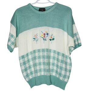 Southern‎ Lady Womens Sweater L Short Sleeve Floral Embroidery Grandma Cottage